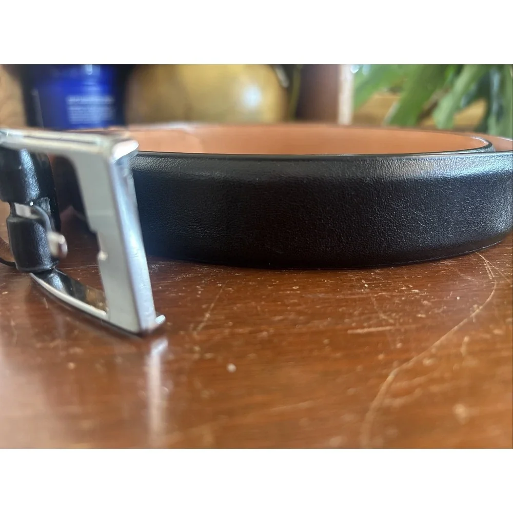 Lands End Mens‎ Belt Size 44 Black Leather Silver Buckle 1.5
